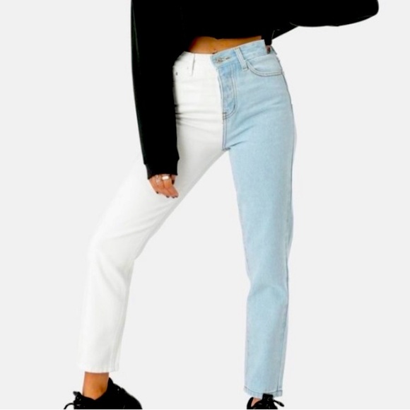 NWT Color block Adika Jeans White and Light Blue Women Size L - Picture 1 of 12